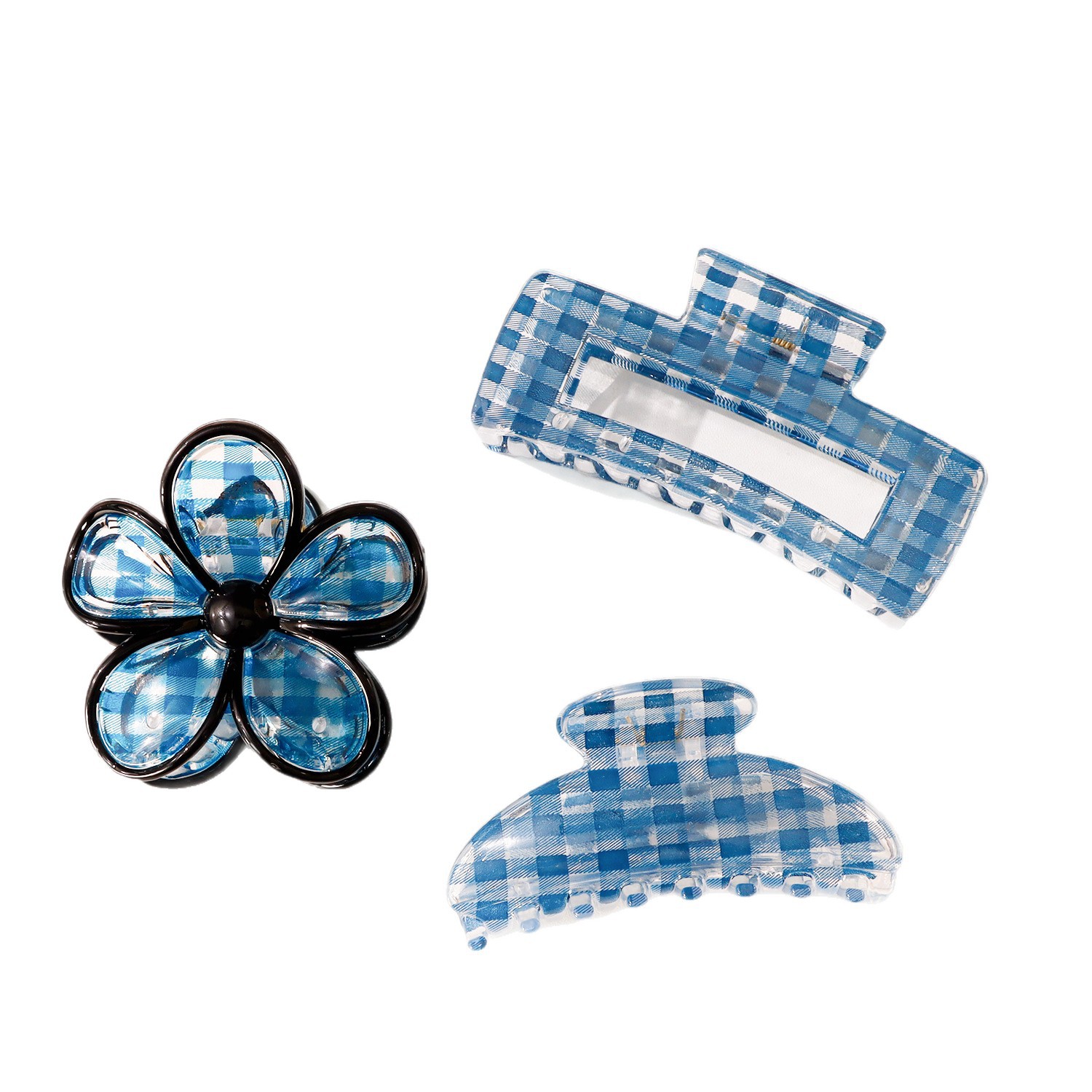 Plaid pattern Transparent Flower Curved Rectangular hair Claw Clip - Image 2