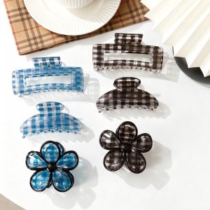 Plaid pattern Transparent Flower Curved Rectangular hair Claw Clip