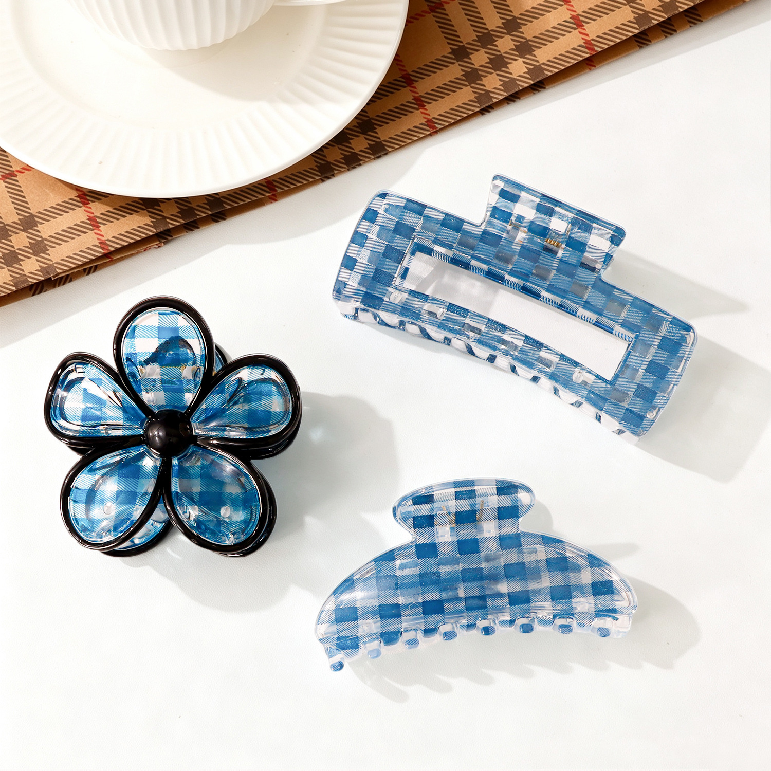 Plaid pattern Transparent Flower Curved Rectangular hair Claw Clip - Image 3