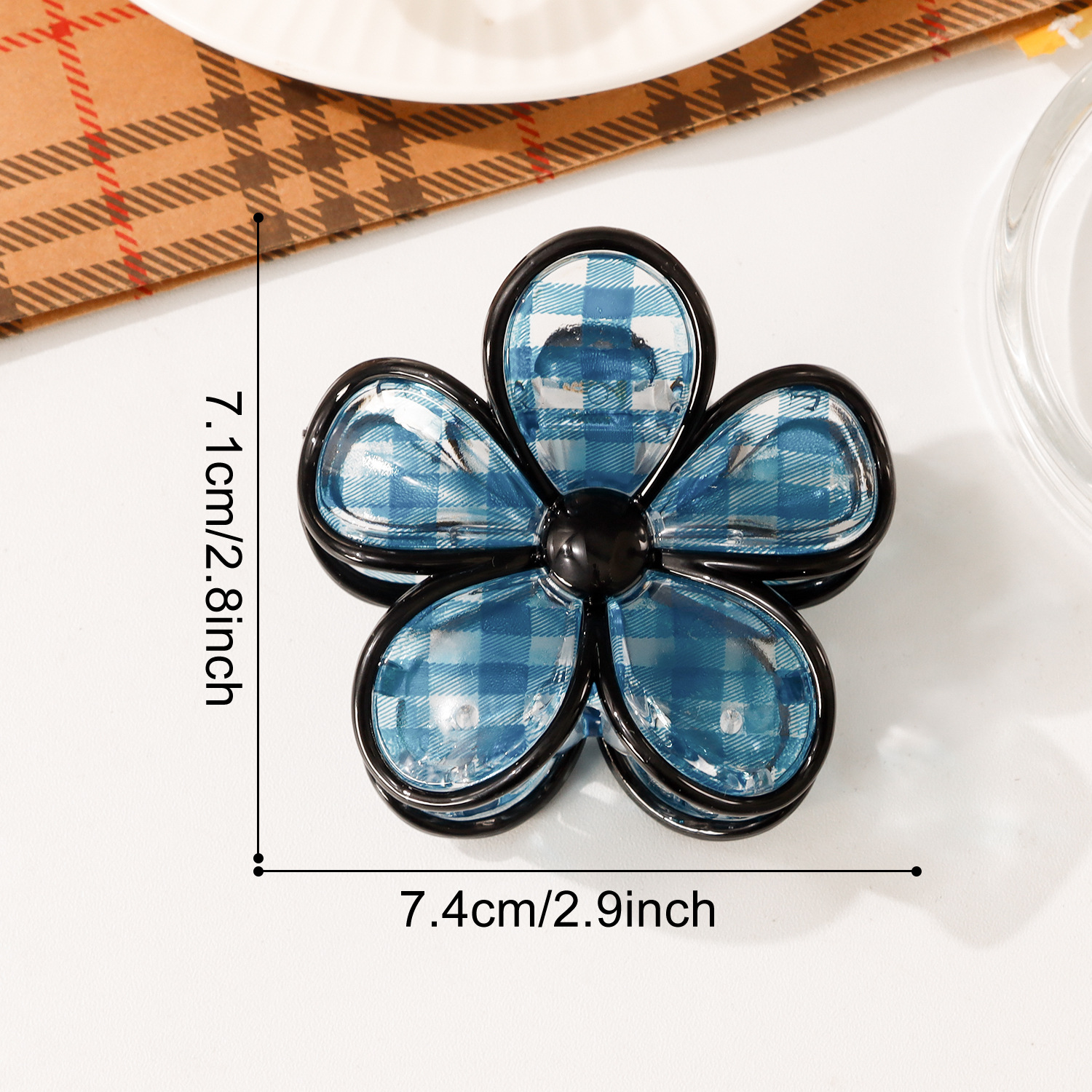 Plaid pattern Transparent Flower Curved Rectangular hair Claw Clip - Image 4