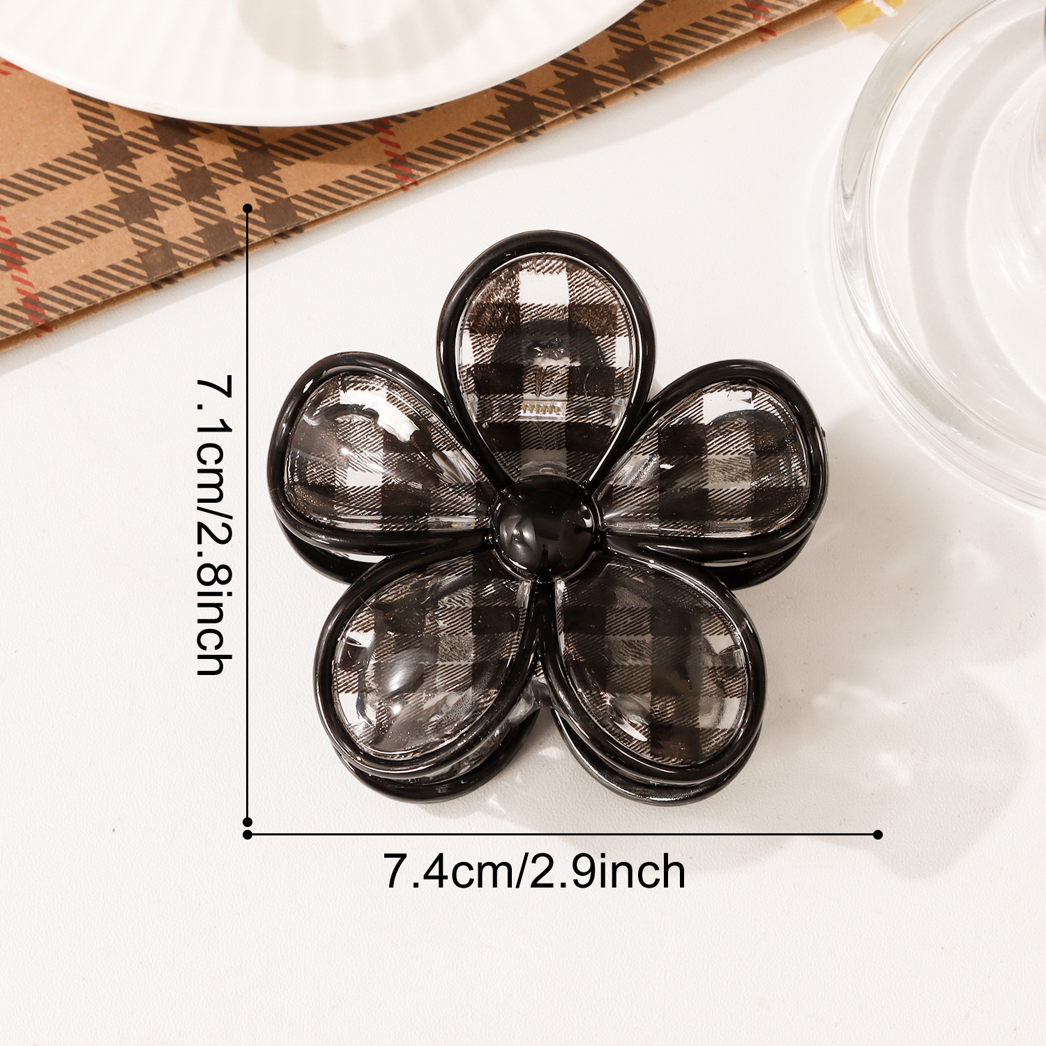 Plaid pattern Transparent Flower Curved Rectangular hair Claw Clip - Image 5